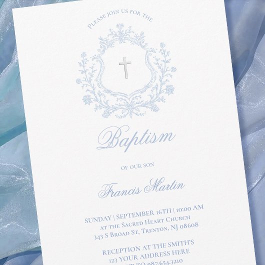 Invitation pastel blue crest baby boy Baptism