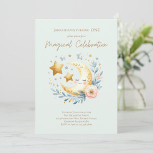 Invitation Pastel Blue Cute Baby Boy Moon 1er Anniversaire