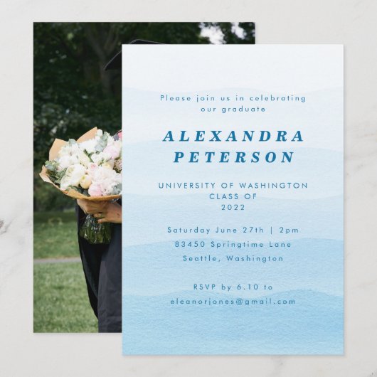 Invitation Pastel Blue Dip Dye Ombre Photo Graduation Party (Devant / Derrière)