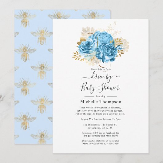 Invitation Pastel Blue et Gold Floral Drive par douche (Devant / Derrière)