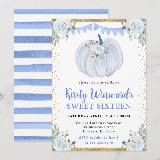 Invitation Pastel Blue et or Floral Citrouille Fall Sweet 16 (Devant / Derrière)