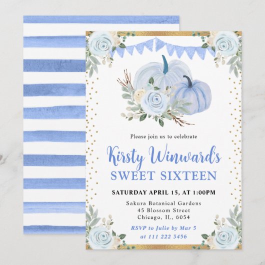 Invitation Pastel Blue et or Floral Citrouille Fall Sweet 16 (Devant / Derrière)
