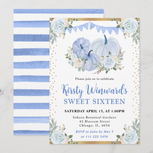 Invitation Pastel Blue et or Floral Citrouille Fall Sweet 16 (Devant / Derrière)