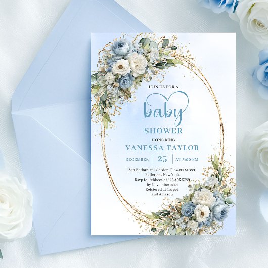 Invitation Pastel Blue Eucalyptus Floral Gold Baby Shower  