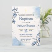Invitation Pastel Blue Floral Baby Boy Baptême (Debout devant)