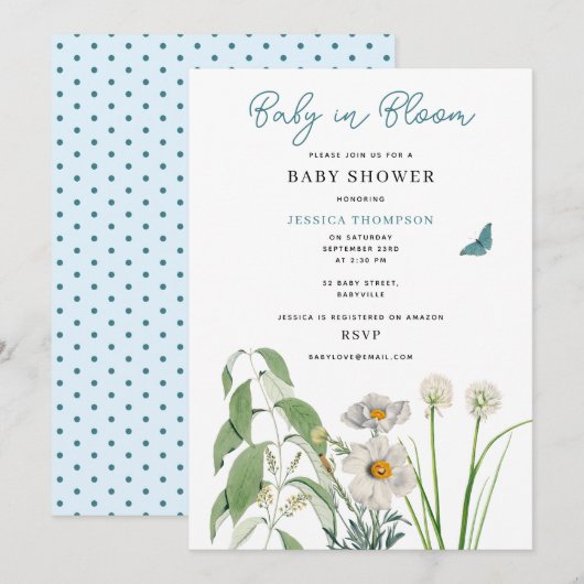 Invitation Pastel Blue Floral Baby dans le Baby shower de fle (Devant / Derrière)