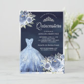 Invitation Pastel Blue Floral Gown Marine Silver Quinceanera (Debout devant)