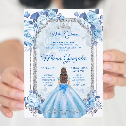 Invitation Pastel Blue Floral Mexicain Charra Mis Quince