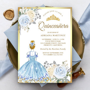 Invitation Pastel Blue Floral Robe Princesse Gold Quinceanera