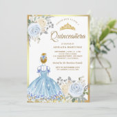 Invitation Pastel Blue Floral Robe Princesse Gold Quinceanera (Debout devant)