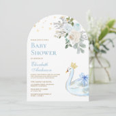 Invitation Pastel Blue Floral Swan Princess Arch Baby shower (Debout devant)