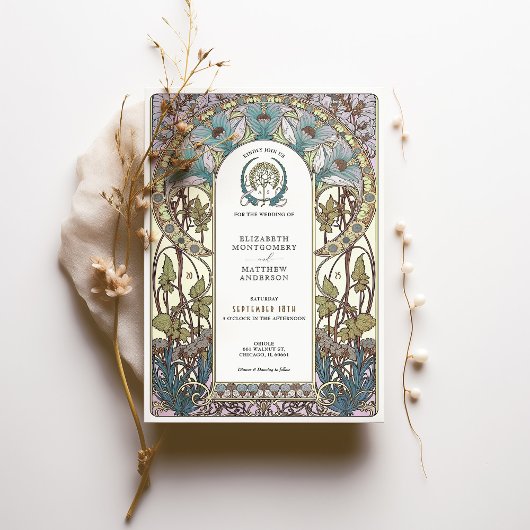 Invitation Pastel Blue Florals Art Nouveau Mariage