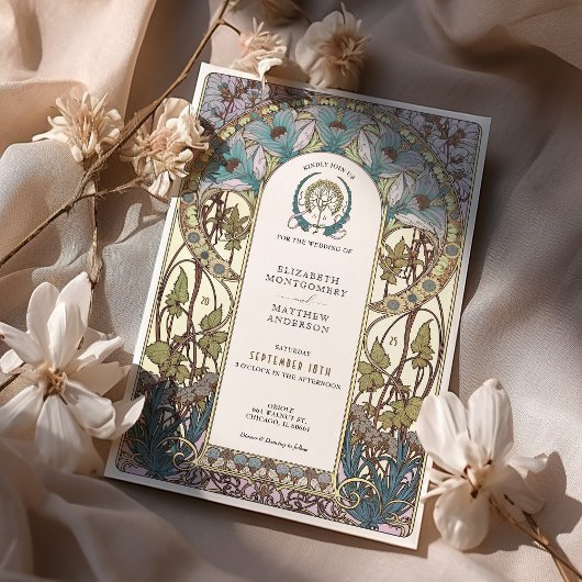 Invitation Pastel Blue Florals Art Nouveau Mariage