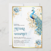 Invitation Pastel Blue Gold Floral Mariage indien Peacock (Devant)