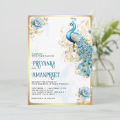 Invitation Pastel Blue Gold Floral Mariage indien Peacock (Debout devant)