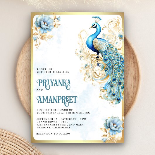 Invitation Pastel Blue Gold Floral Mariage indien Peacock