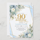 Invitation Pastel blue gold greenery luxe script 90 birthday (Devant)