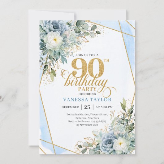 Invitation Pastel blue gold greenery luxe script 90 birthday (Devant)