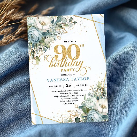 Invitation Pastel blue gold shimmer floral 90th birthday 