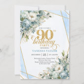 Invitation Pastel blue gold shimmer floral 90th birthday  (Devant)