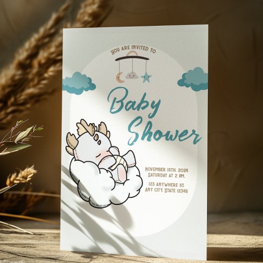 Invitation Pastel Blue Grey Sleeping Cloud Baby Dragon