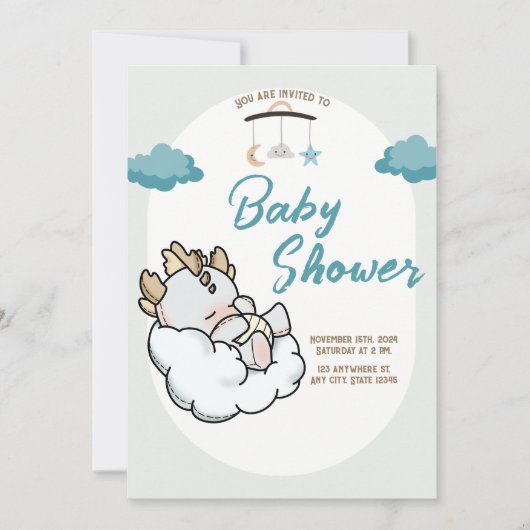Invitation Pastel Blue Grey Sleeping Cloud Baby Dragon (Devant)