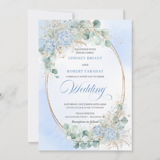 Invitation Pastel Blue Hydrangea Wheat Elegant Wedding Invite (Devant)