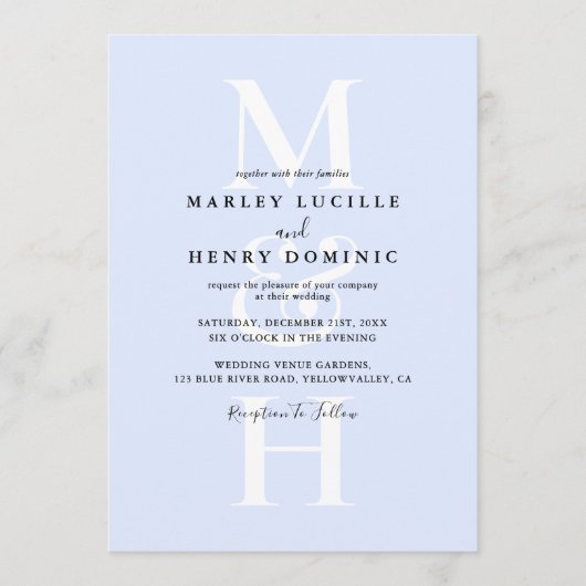 Invitation Pastel Blue Modern Monogram Overlay Wedding (Devant)