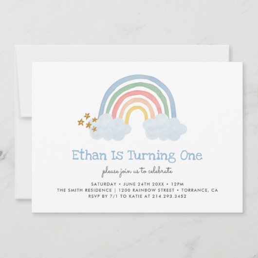Invitation Pastel Blue Pastel Rainbow 1er Anniversaire Invita (Devant)