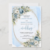 Invitation Pastel Blue Peonies Greenery Gold Wedding Invite (Devant)