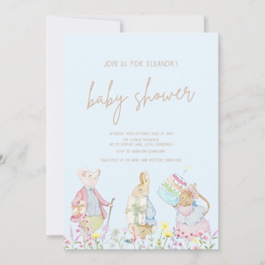 Invitation Pastel Blue Peter le Rabbit Baby shower des amis (Devant)