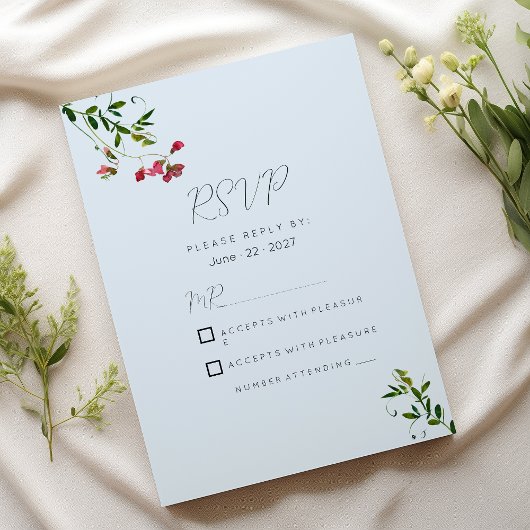 Invitation Pastel blue pink red green flowers RSVP