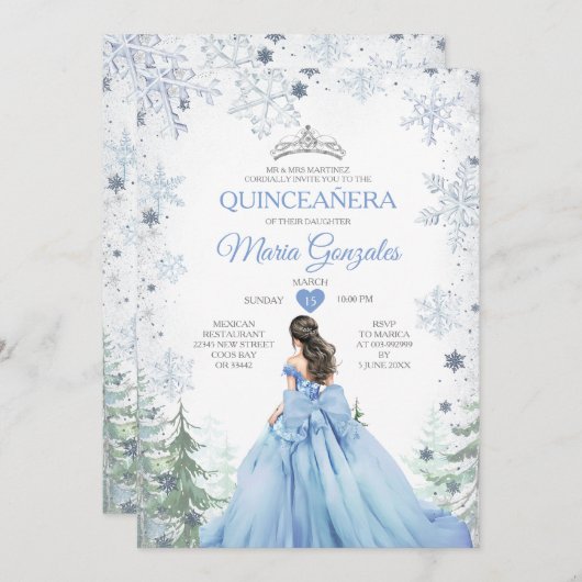 Invitation Pastel Blue Princess Forêt d'hiver Quinceañera (Devant / Derrière)