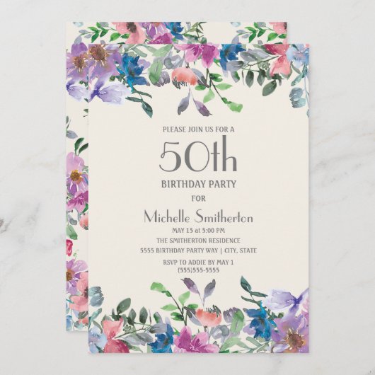 Invitation Pastel Blue Purple Floral Femmes 50e anniversaire (Devant / Derrière)