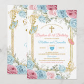 Invitation Pastel Blue Rose Gold Baptême & 1er anniversaire (Devant / Derrière)