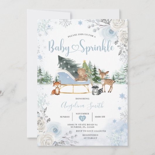 Invitation Pastel Blue Sleigh Winter Animals Baby Sprinkle (Devant)