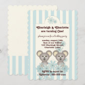 Invitation Pastel Blue Stripe Baby Koala Twin Anniversaire de (Devant / Derrière)