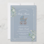 Invitation Pastel Blue Stripes Baby Carriage Baby Shower (Devant)
