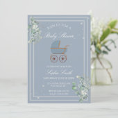 Invitation Pastel Blue Stripes Baby Carriage Baby Shower (Debout devant)