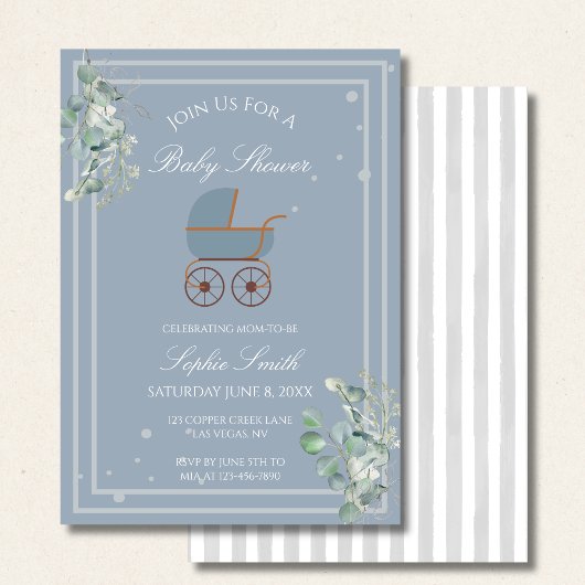 Invitation Pastel Blue Stripes Baby Carriage Baby Shower