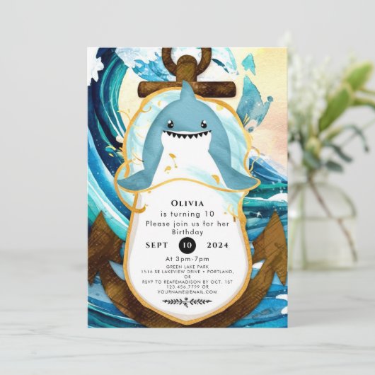 Invitation Pastel Blue Whimsical Shark Anniversaire (Debout devant)