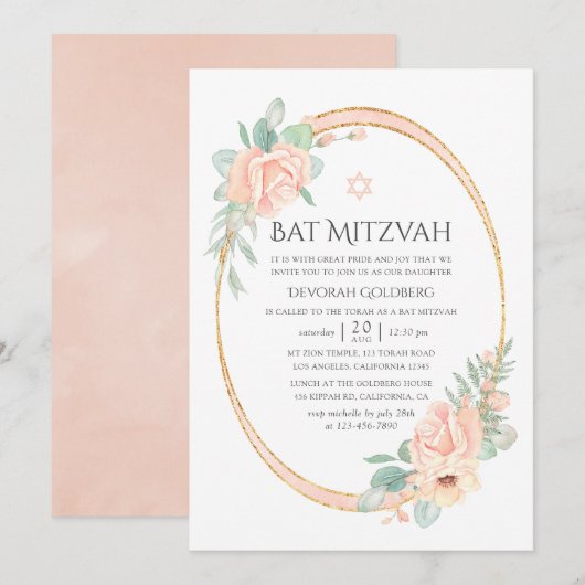 Invitation Pastel Blush Floral Bat mitzvah géométrique (Devant / Derrière)