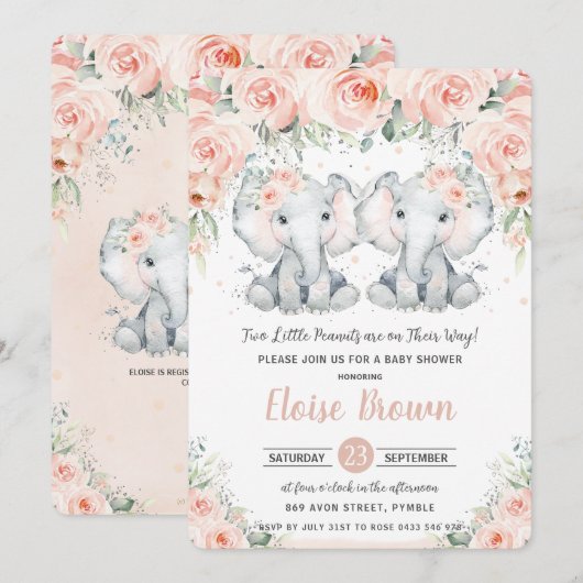 Invitation Pastel Blush Floral Elephant Twins Baby shower (Devant / Derrière)
