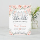 Invitation Pastel Blush Floral Elephant Twins Baby shower (Debout devant)