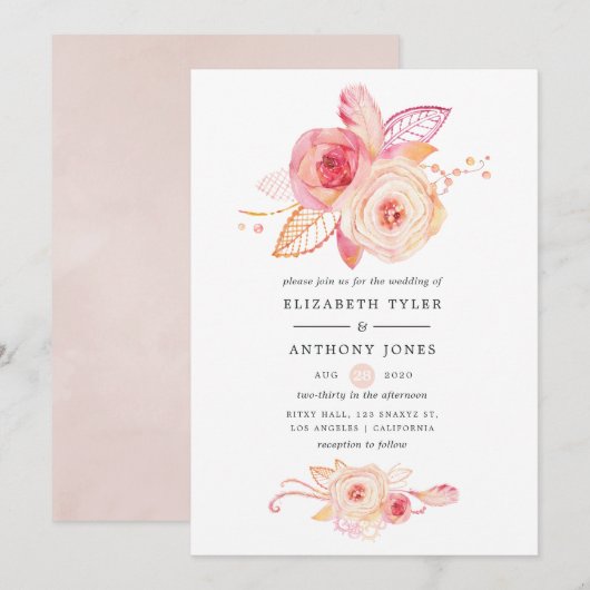 Invitation Pastel Blush Floral et Mariage de dentelle (Devant / Derrière)