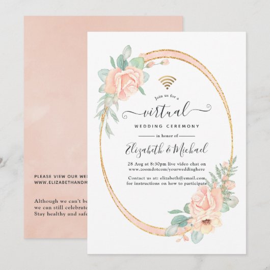 Invitation Pastel Blush Floral Mariage virtuel géométrique (Devant / Derrière)