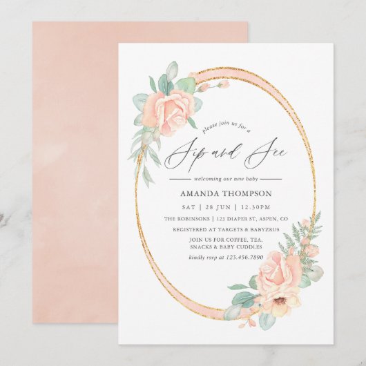 Invitation Pastel Blush Floral Sip géométrique Voir (Devant / Derrière)