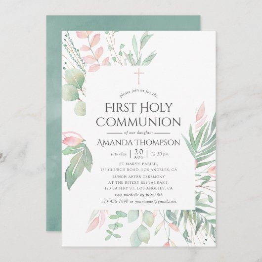 Invitation Pastel Blush Green Première Communion Sainte (Devant / Derrière)
