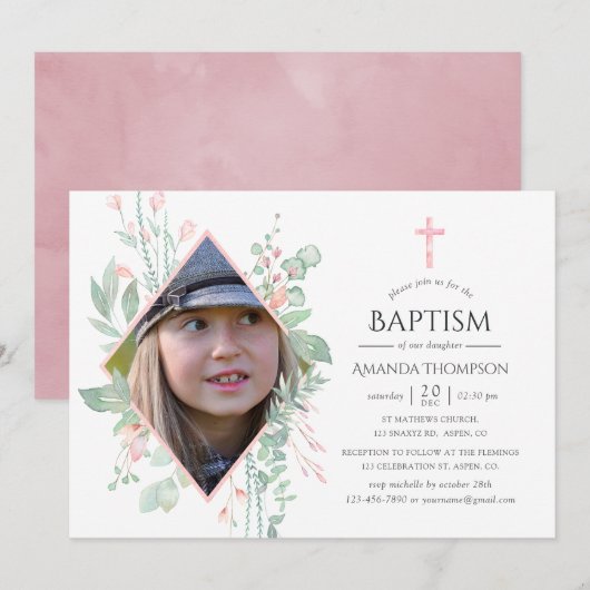 Invitation Pastel Blush Greenerm Baptême ou Christening (Devant / Derrière)