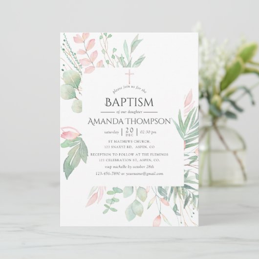 Invitation Pastel Blush Greenerm Baptême ou Christening (Debout devant)